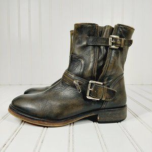 Treasure & Bond Black Brown Distressed Leather Mid Calf Side Zip Biker Boot H662